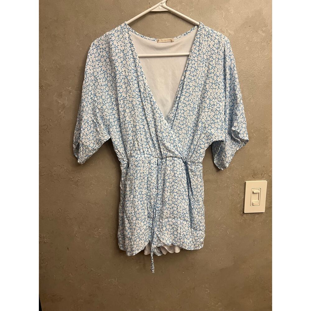 Altar'd State Blue White Floral Wrap Romper Small Boho Cottagecore Summer Dress - Picture 11 of 14